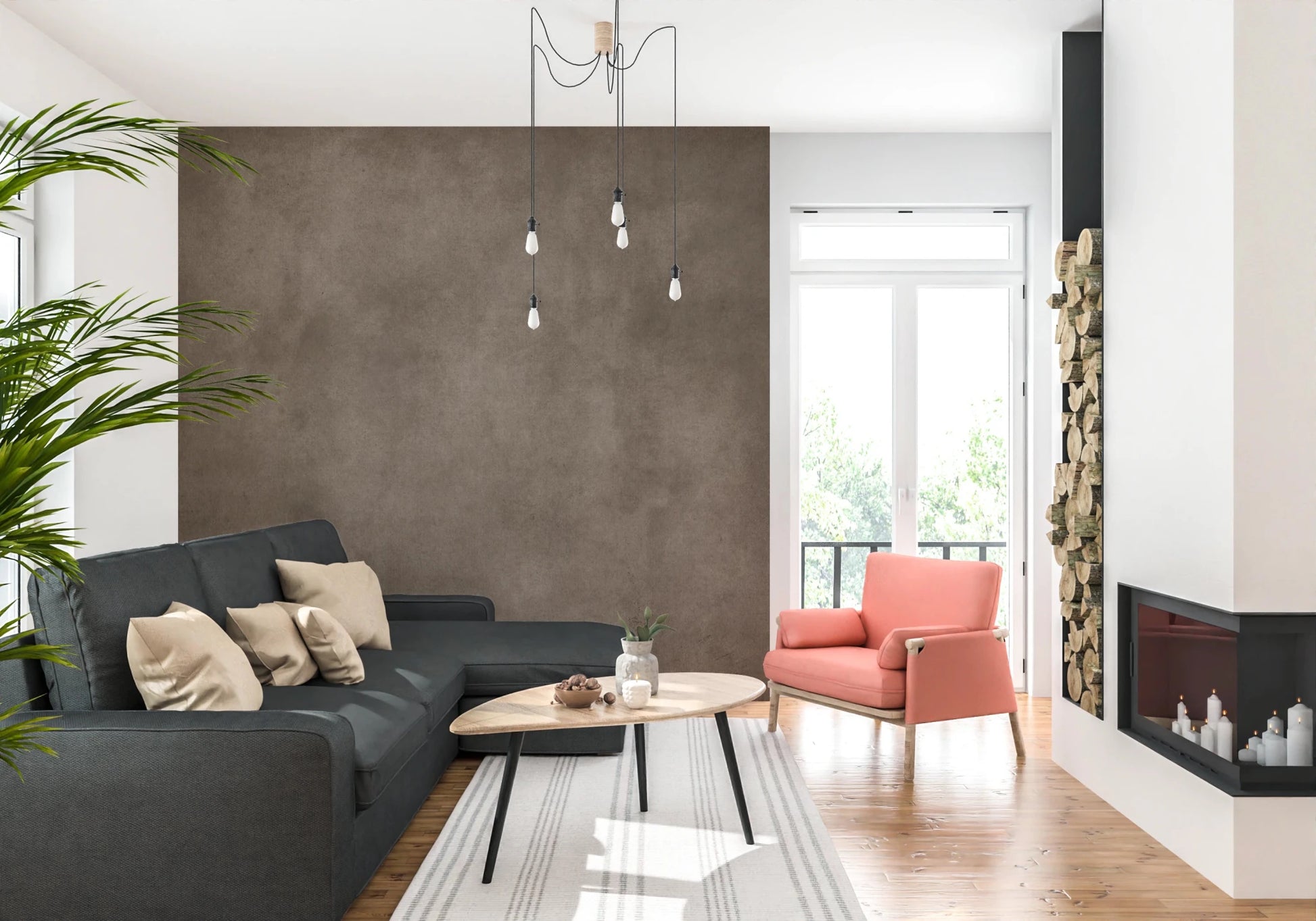 Dirty Paper Taupe wall mural behind a charcoal sofa and coral armchair with firewood stack and fireplace