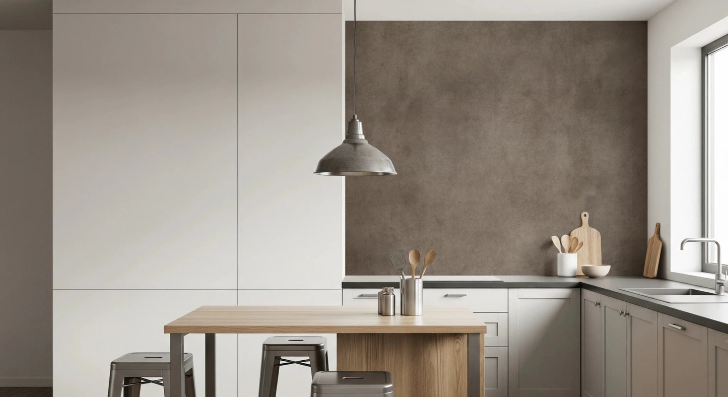 Dirty Paper Taupe wall mural as a brown kitchen backsplash above grey counters with a wood island and metal pendant