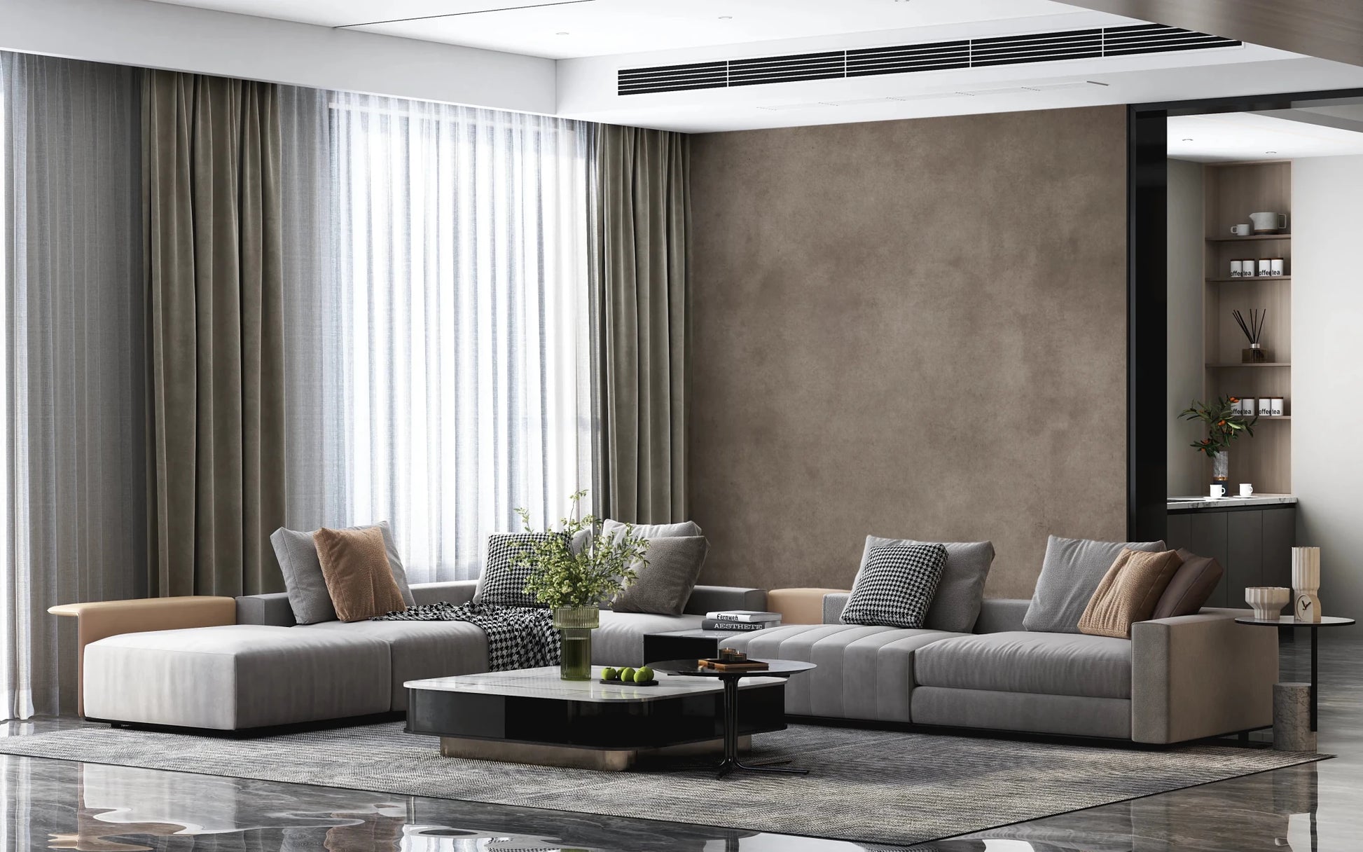 Dirty Paper Taupe wall mural in warm brown behind grey sofas with marble coffee table in a luxe living room