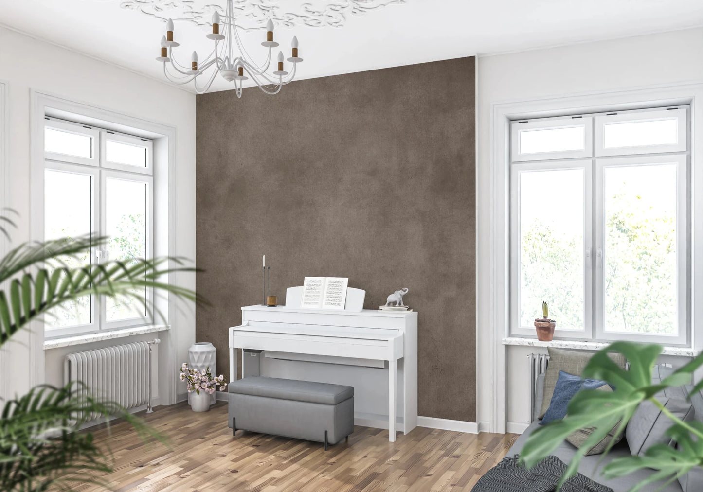 Dirty Paper Taupe wall mural in a music room with a white upright piano and grey bench between bright windows