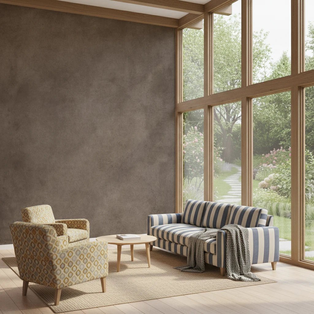 Dirty Paper Taupe wall mural in a sunroom with blue-striped sofa and patterned armchair by tall garden windows