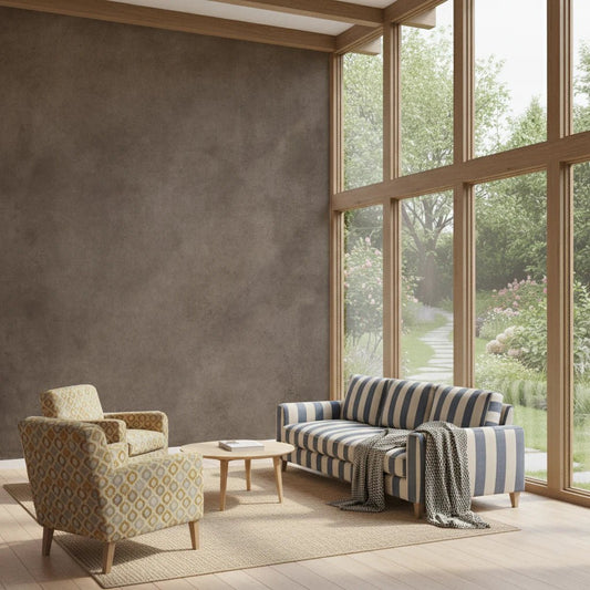 Dirty Paper Taupe wall mural in a sunroom with blue-striped sofa and patterned armchair by tall garden windows