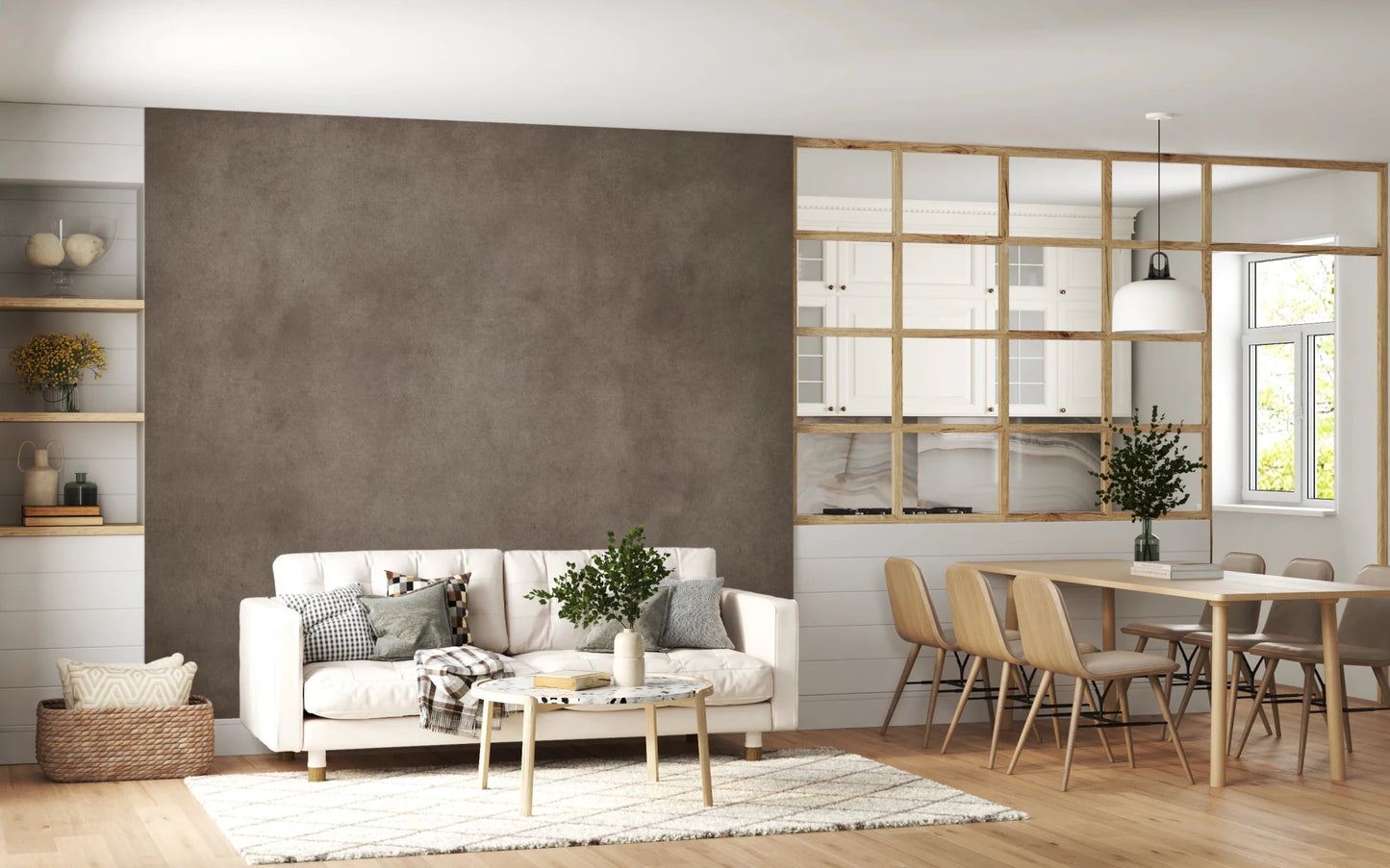 Dirty Paper Taupe wall mural behind a cream sofa beside an open dining area with wood table and chairs