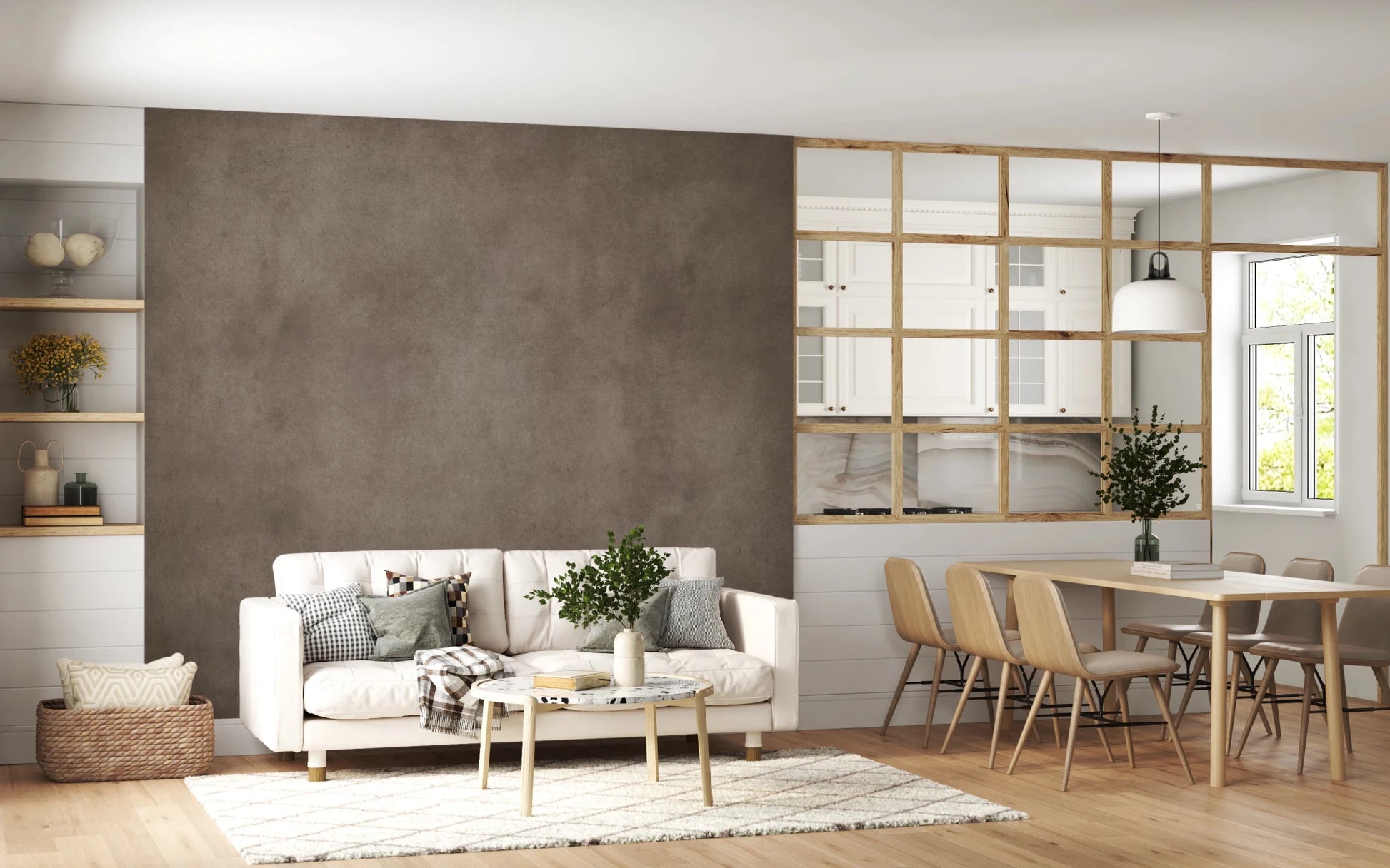 Dirty Paper Taupe wall mural behind a cream sofa beside an open dining area with wood table and chairs