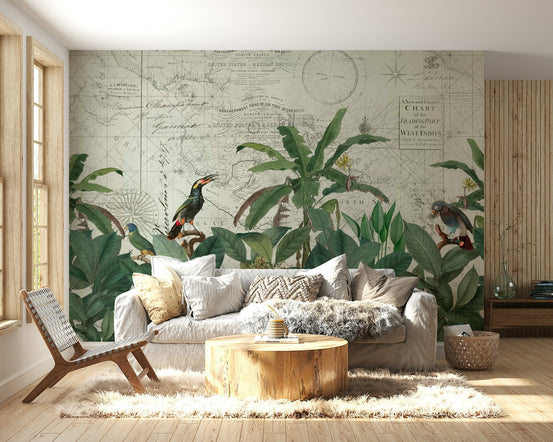 Discover The Tropical Vintage World wallpaper mural of a West Indies chart with palms and toucans behind a white sofa