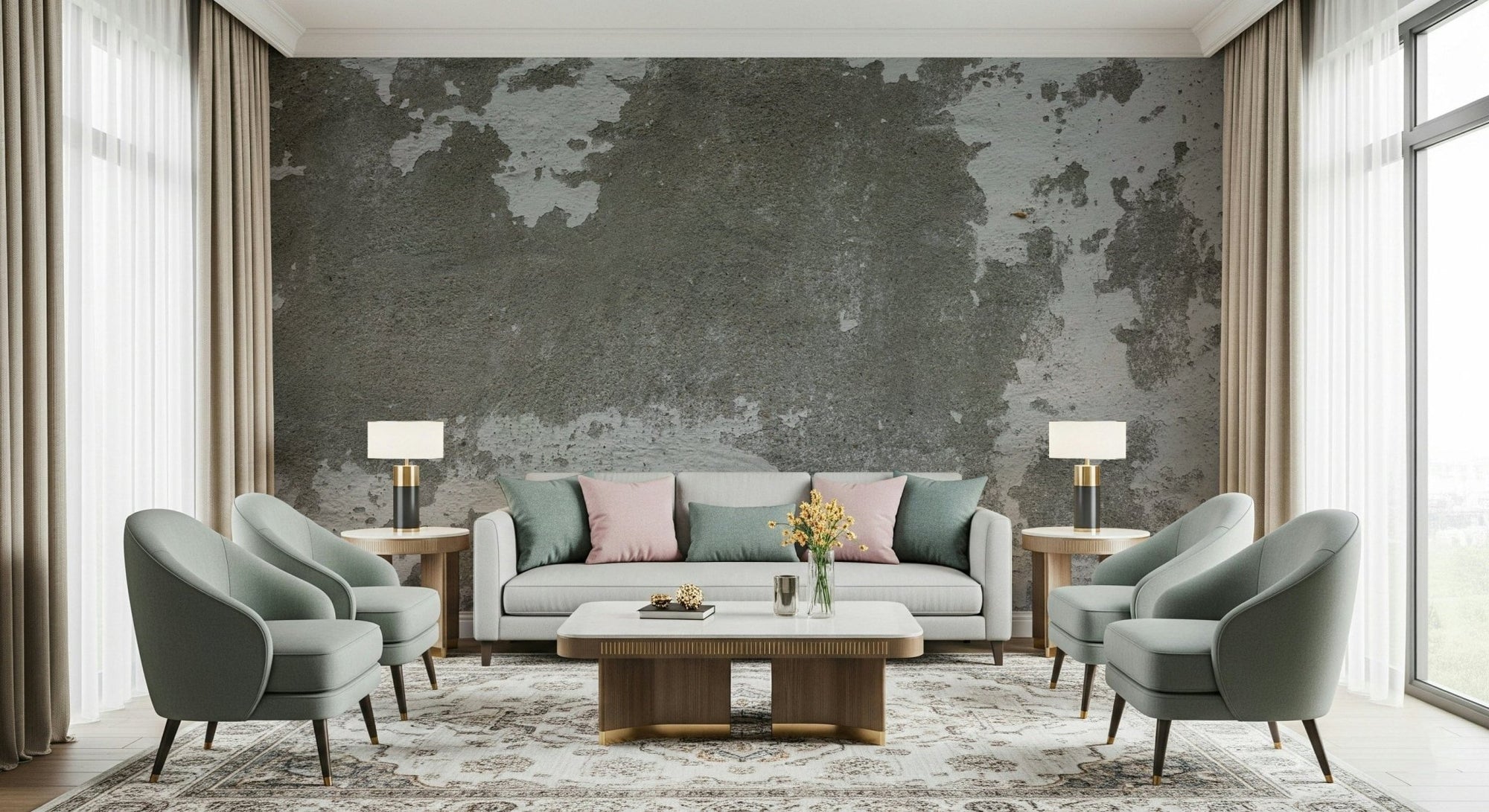 Distressed Concrete wallpaper mural in weathered grey behind a grey sofa flanked by two sage armchairs and lamps