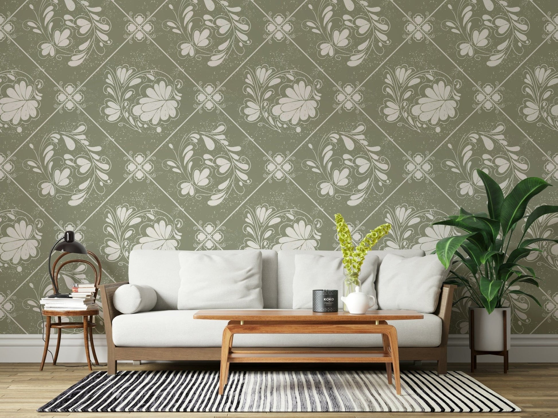 Floral diamond wallpaper in nursery, gentle colours with light wood cot and décor