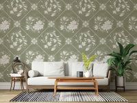 Floral diamond wallpaper in nursery, gentle colours with light wood cot and décor