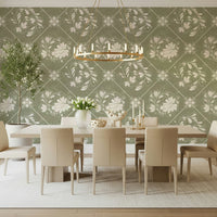 Floral geometric wallpaper in hallway, distressed finish with warm lighting and clean décor