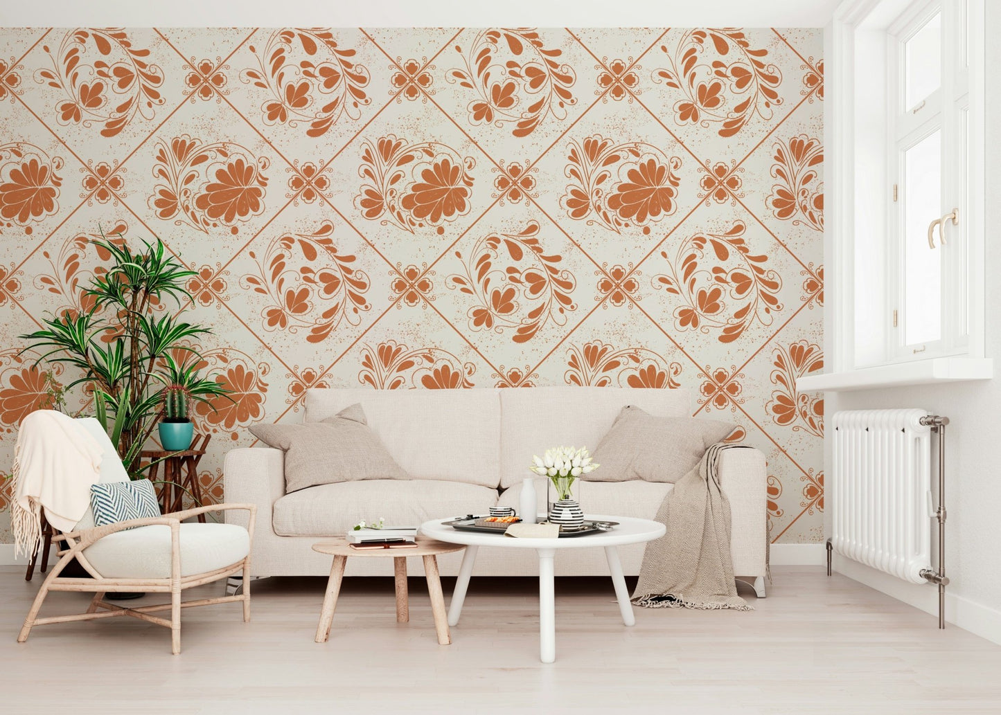Entry wall in living space with distressed floral squares design, light neutral background