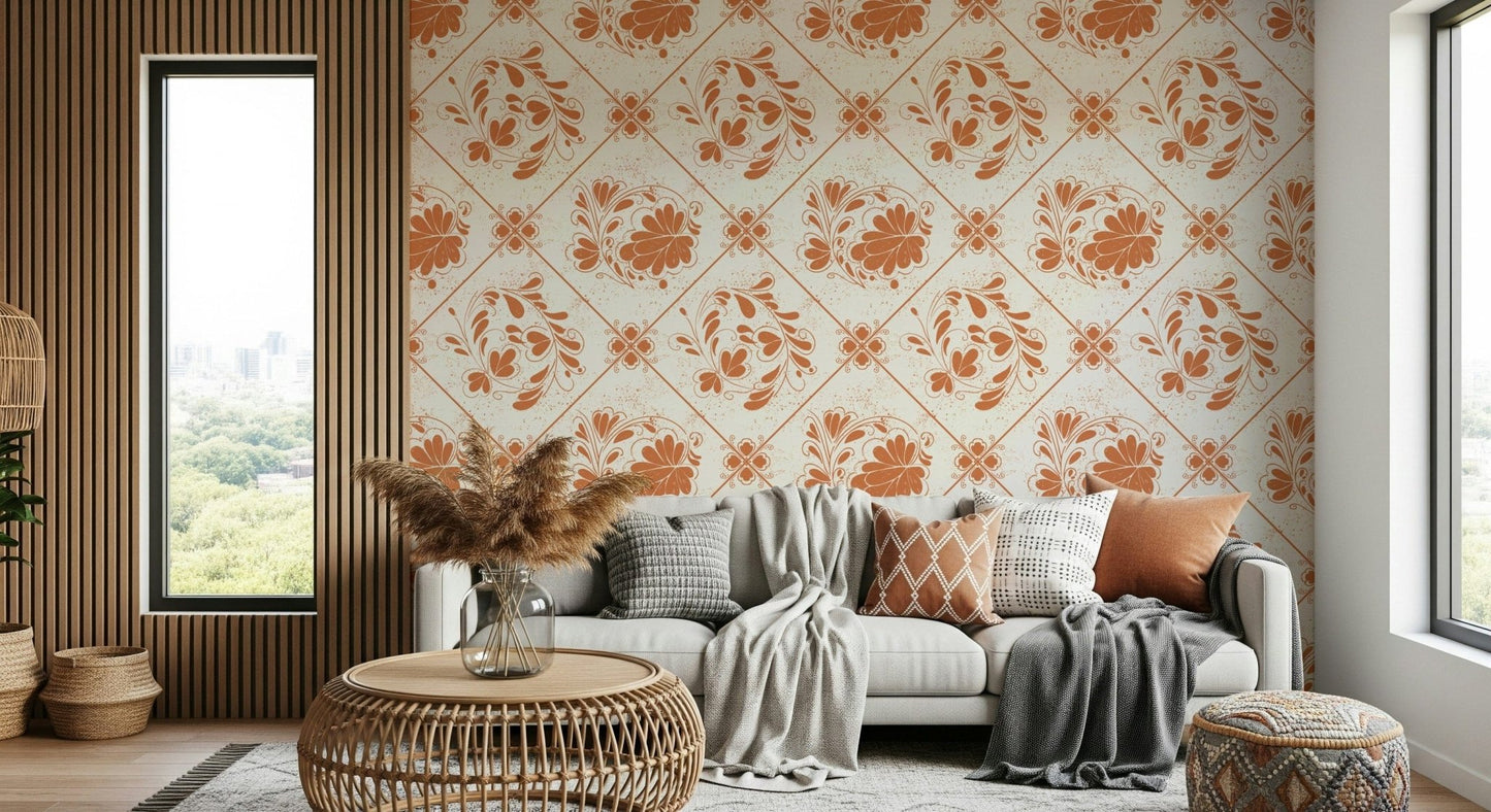 Rustic floral squares wallpaper in dining area, distressed finish, warm neutral colours