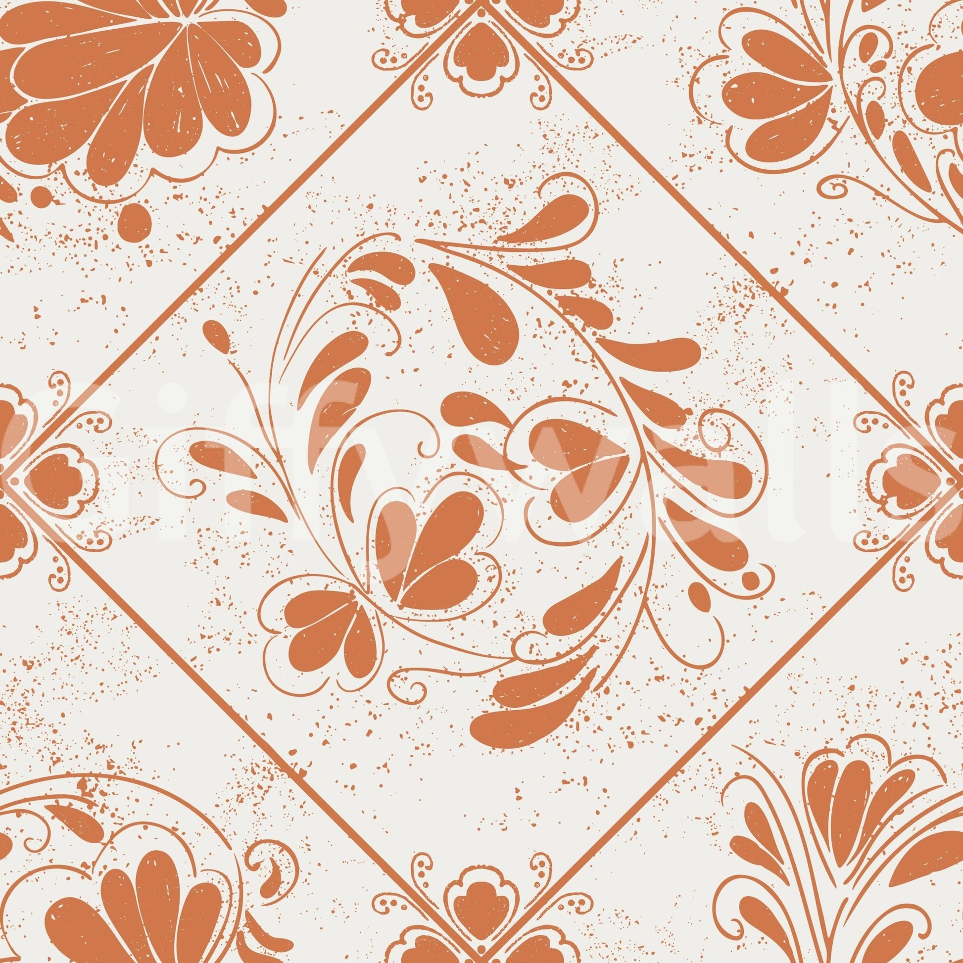 Distressed floral squares wallpaper in bathroom vanity area, tile-inspired grid, muted colour palette