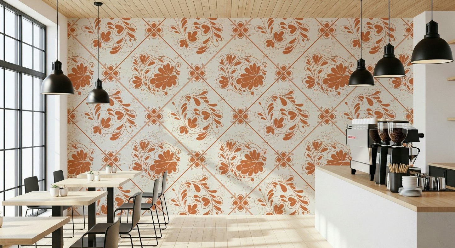 Distressed floral square wallpaper for bedroom feature wall, worn print look, calm colours