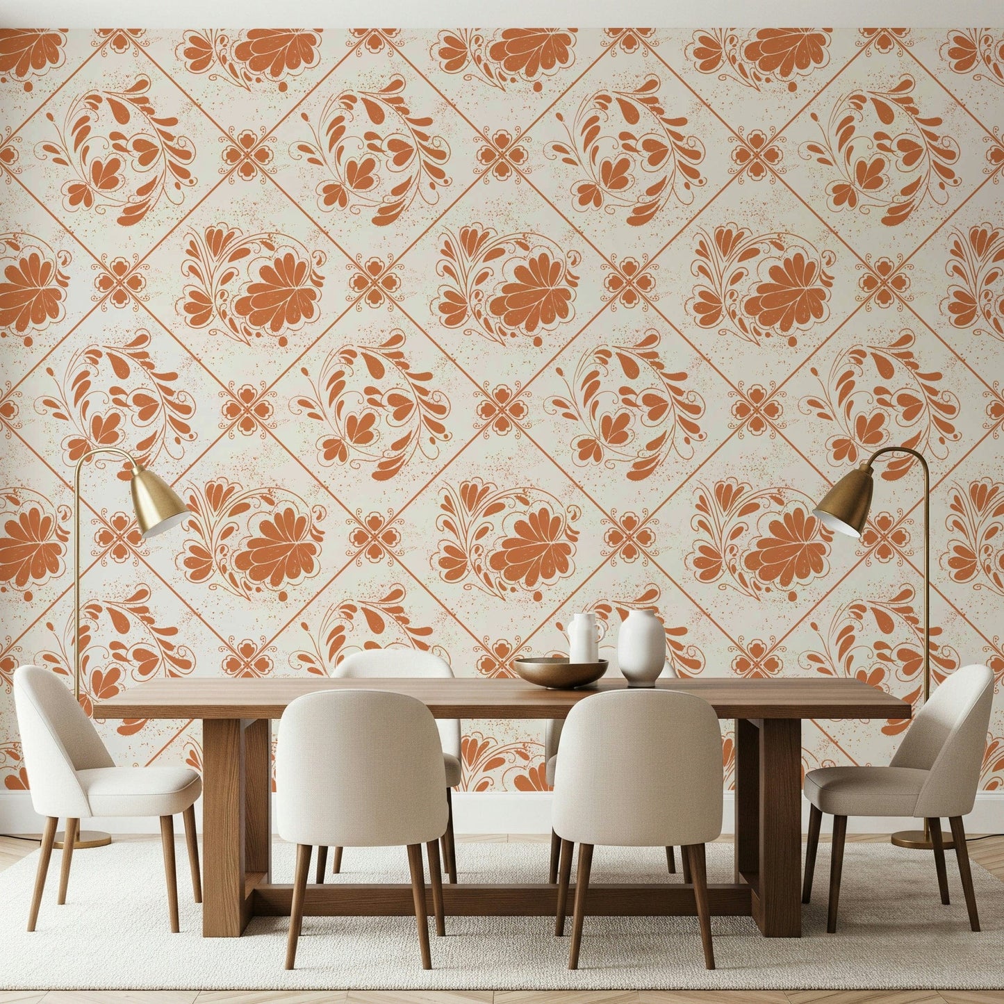 Distressed Floral Squares Wallpaper in living space, faded floral grid, neutral colour feature wall