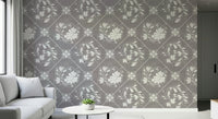 Distressed Floral Tiles Wallpaper in powder room, vintage tile look with modern fixtures