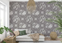 Vintage floral tile wallpaper in apartment bathroom, soft color pattern behind mirror and vanity