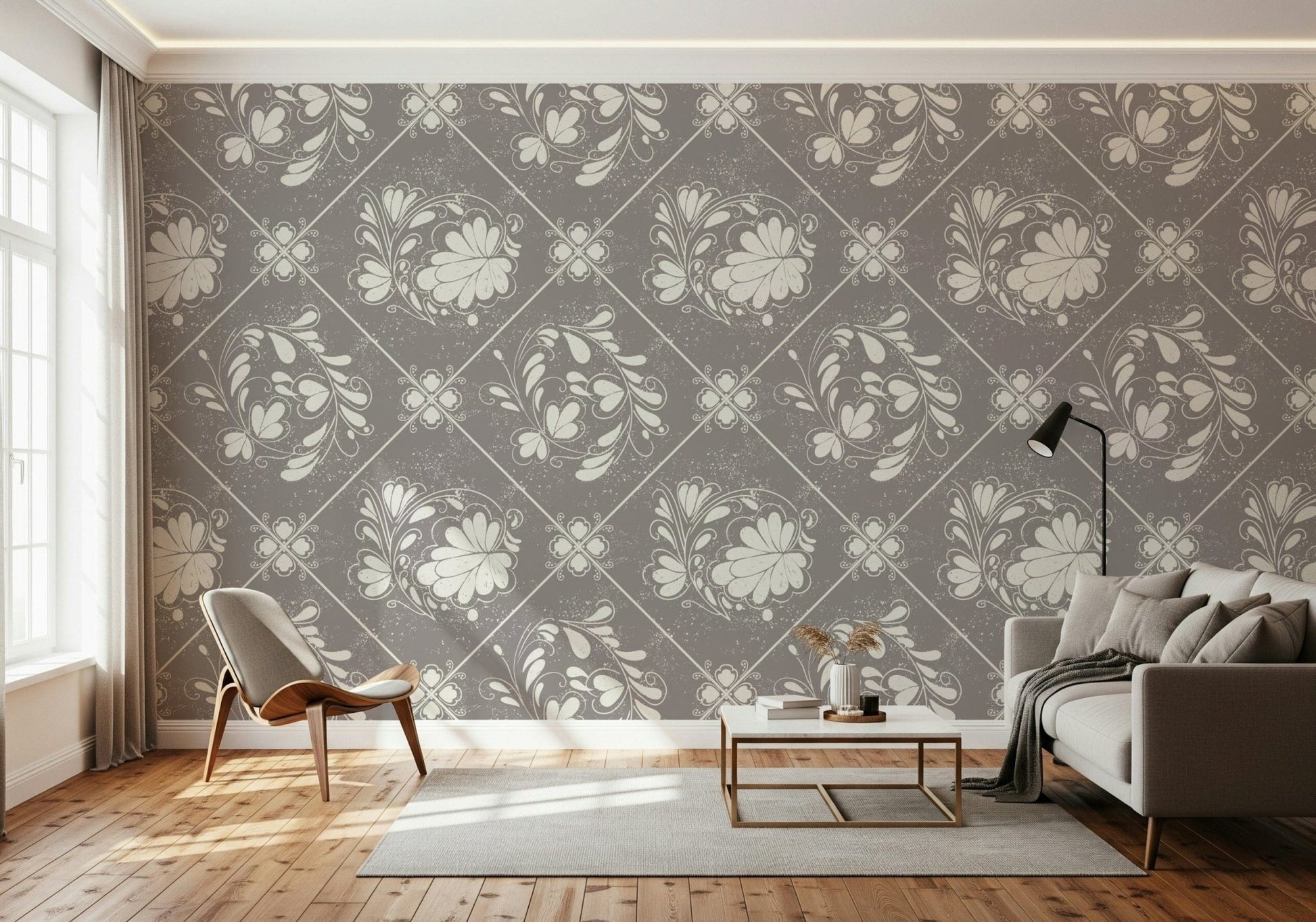 Distressed Floral Tiles Wallpaper in modern kitchen, muted tile florals with white cabinets and clean lines