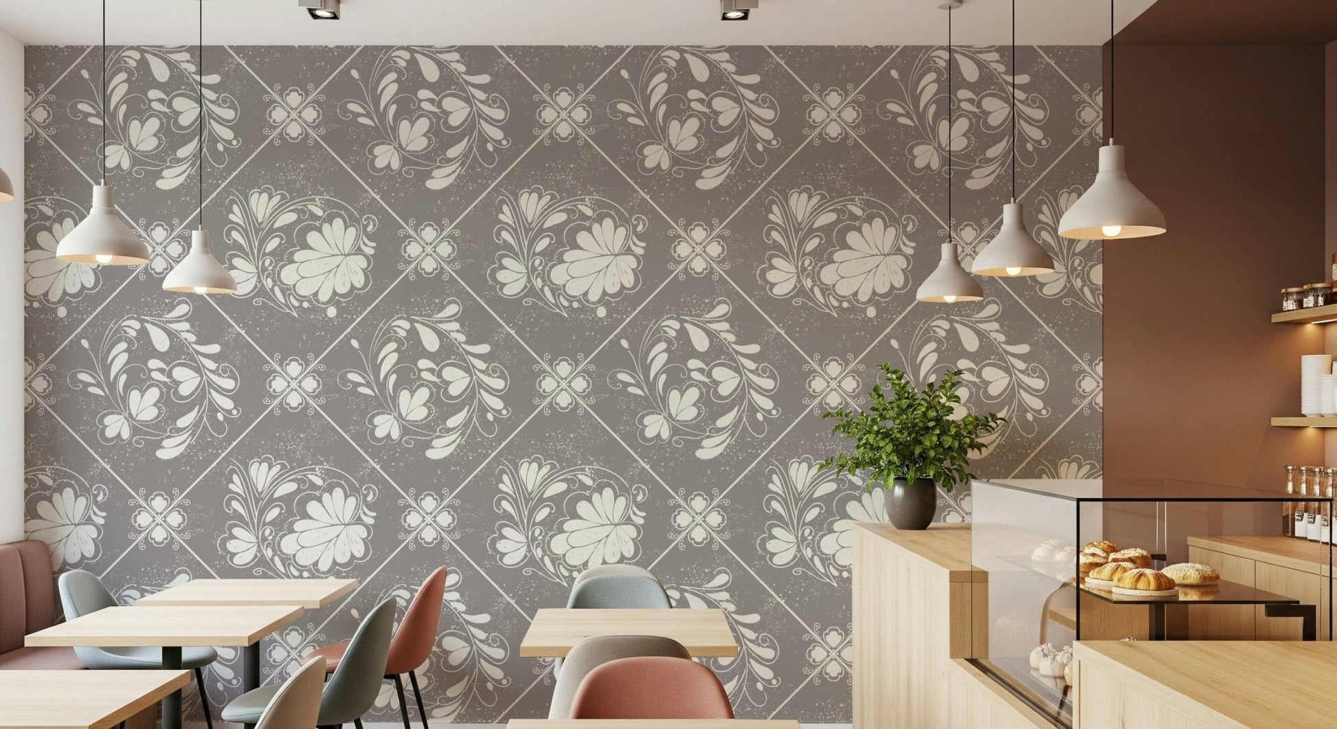 Floral tile pattern wallpaper in entryway, distressed look with console table and neutral rug