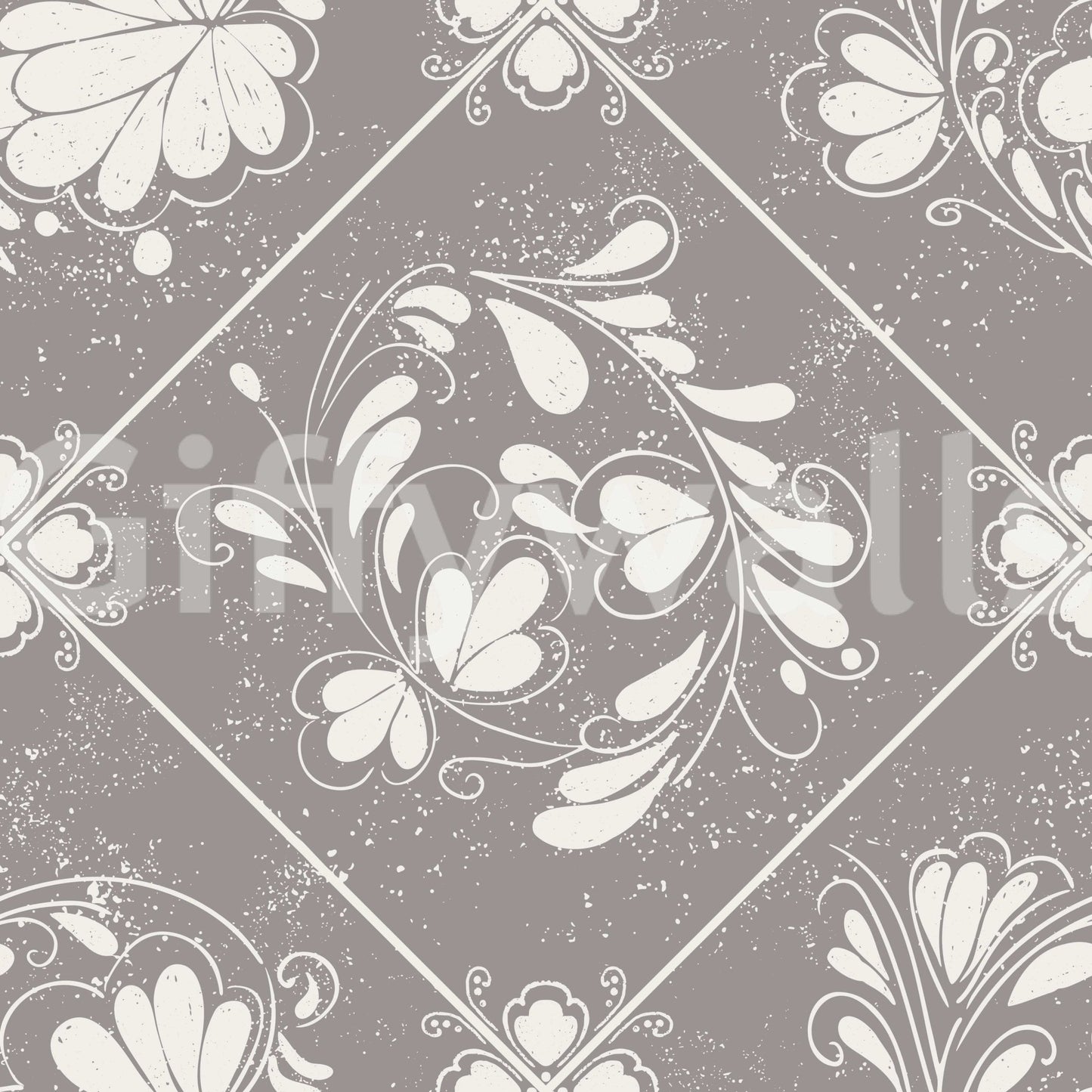Vintage tile floral wallpaper in nursery, gentle colors with light wood furniture