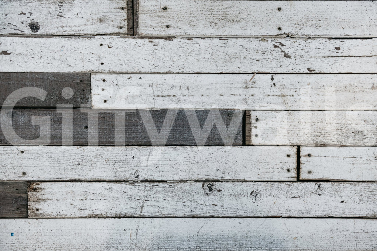Distressed Wood Panel wallpaper mural close-up showing whitewashed weathered planks with grey accent boards