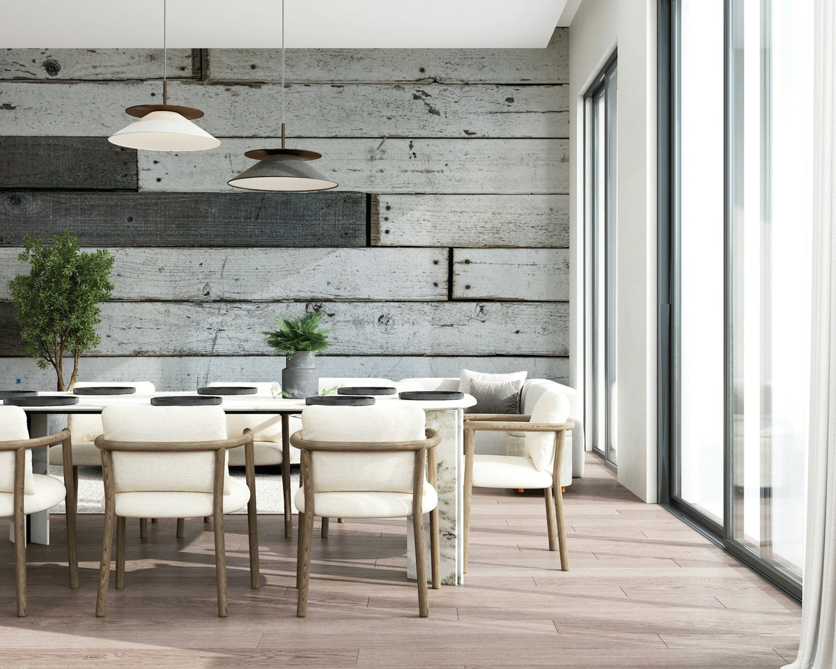 Distressed Wood Panel Wall Mural featuring weathered wooden planks with natural grain and rustic textures for cozy interiors.