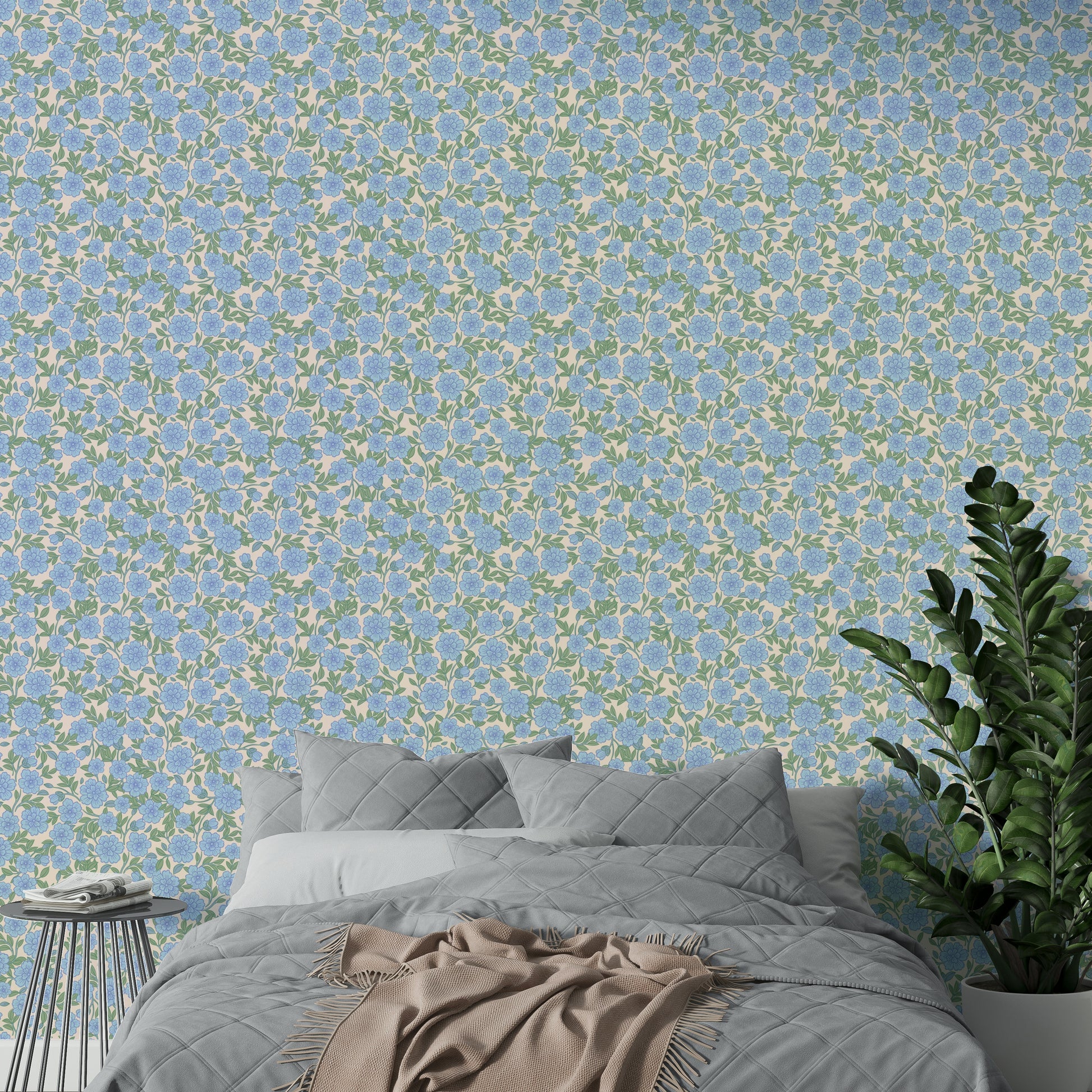 Soft blue floral print wallpaper for a warm, welcoming feel

