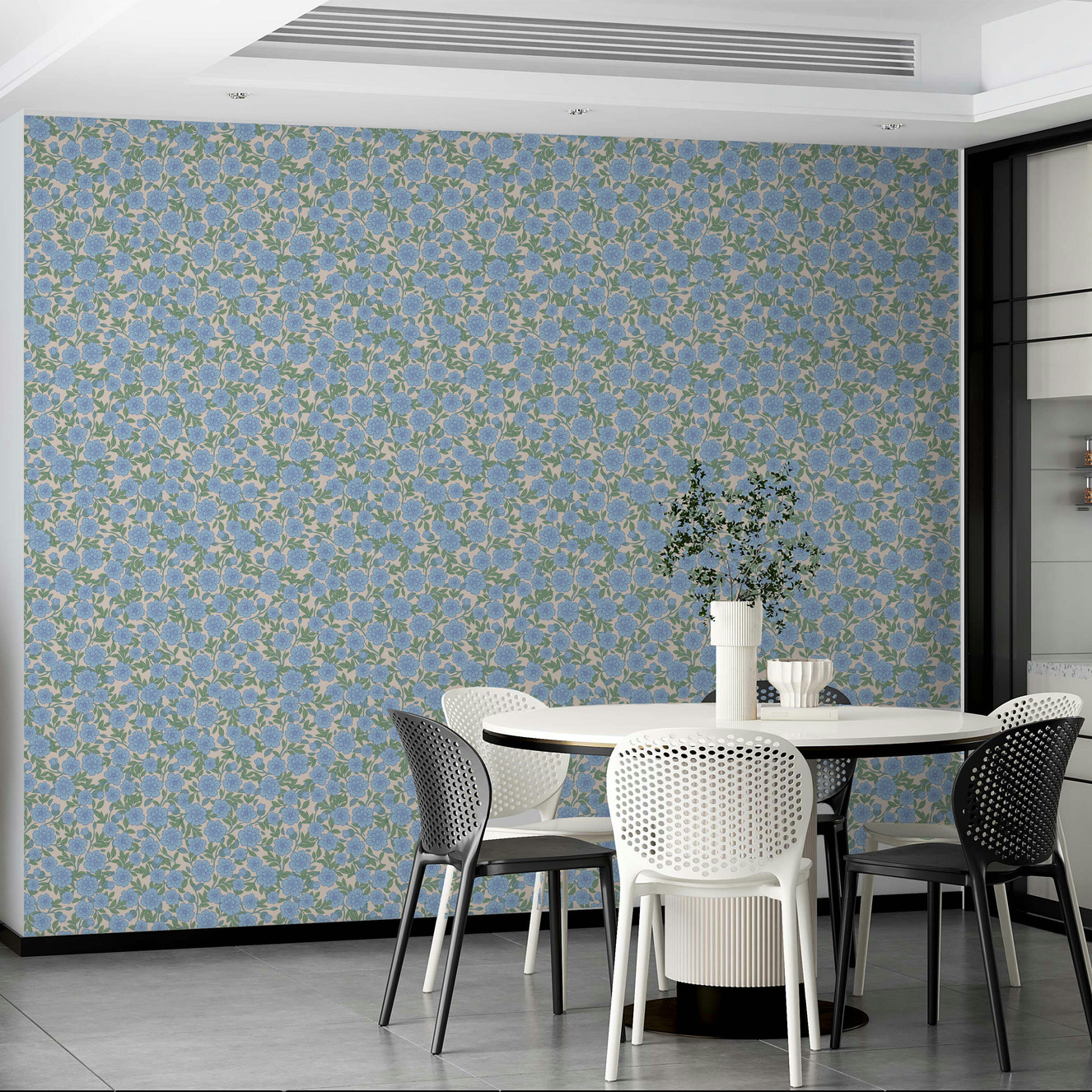 Subtle ditsy blue floral wallpaper for a calm atmosphere


