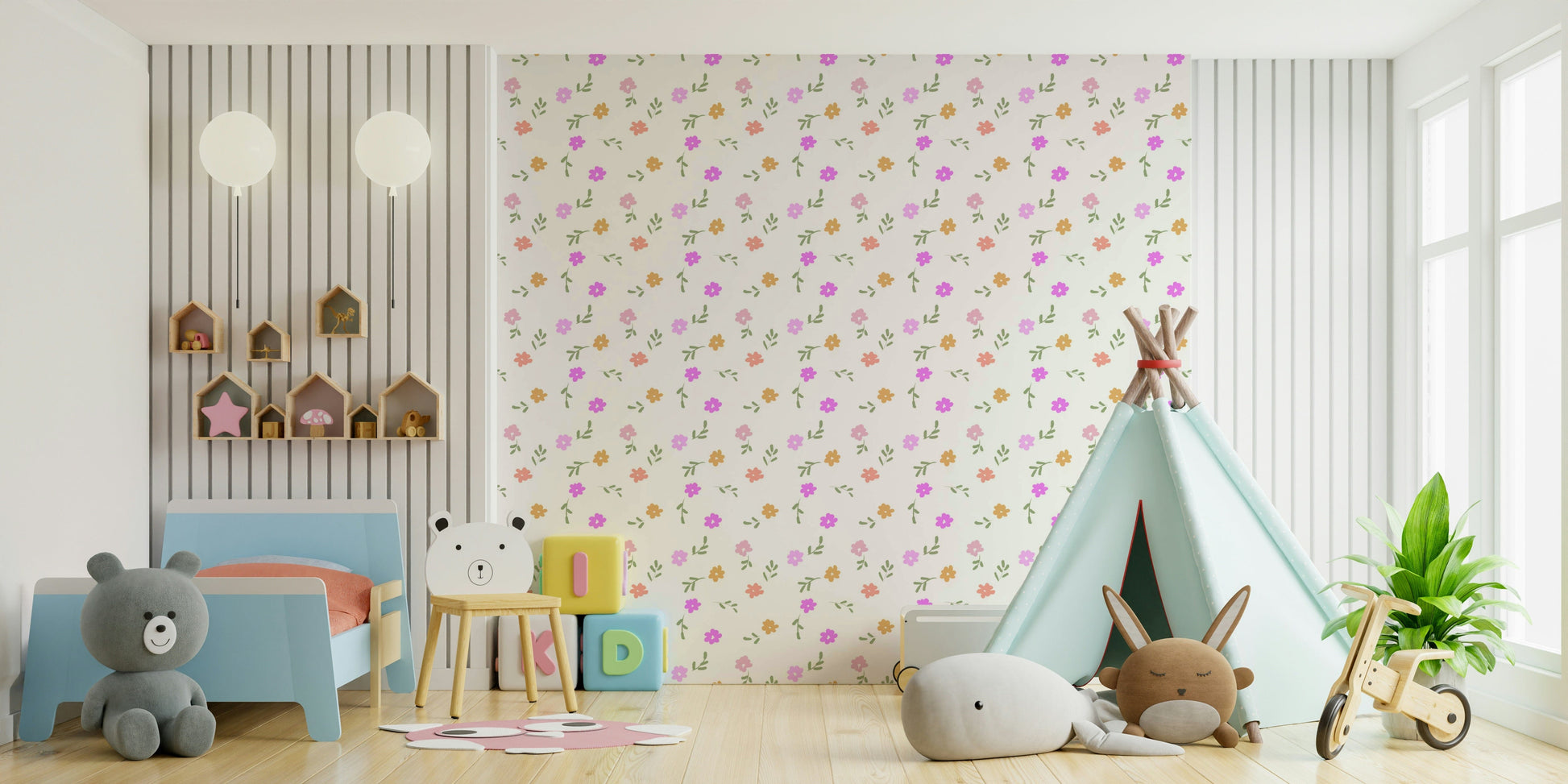 A peaceful small flower mural on decorative wallpaper.

