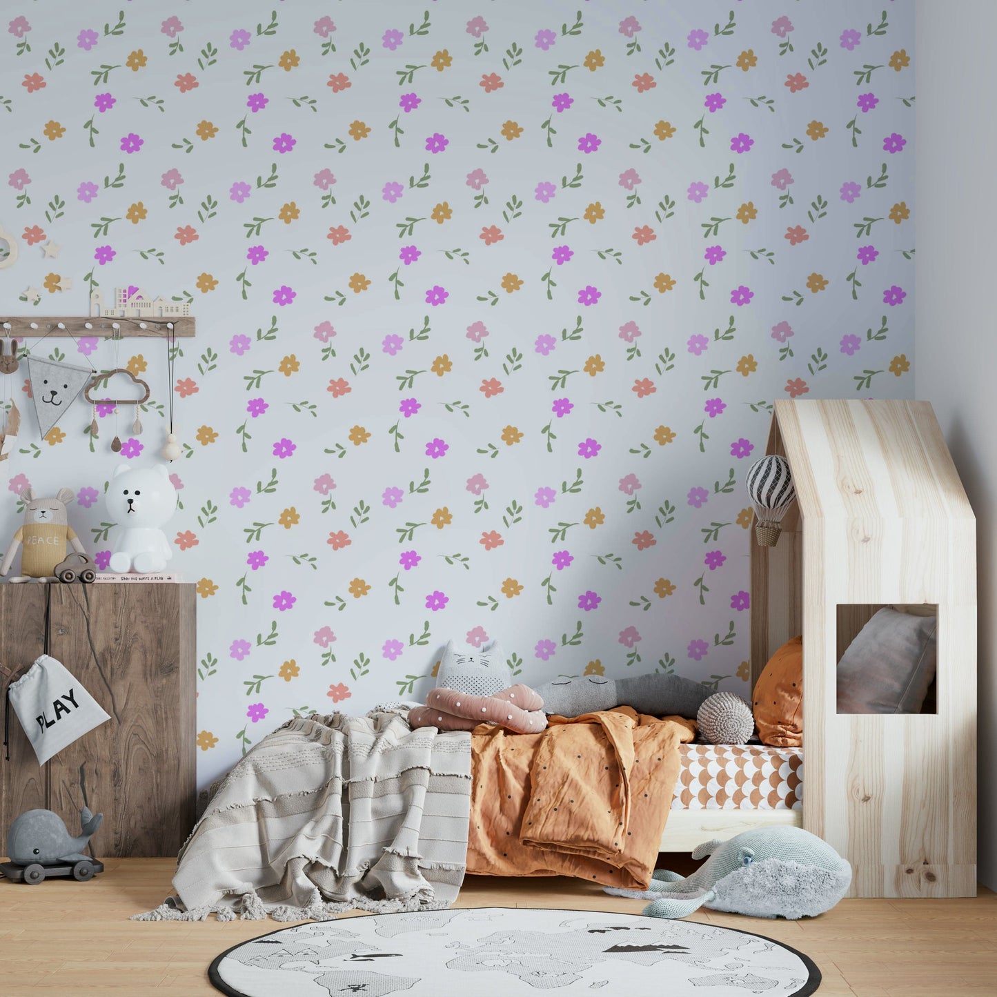 An artistic delicate bloom mural on minimalist wallpaper.

