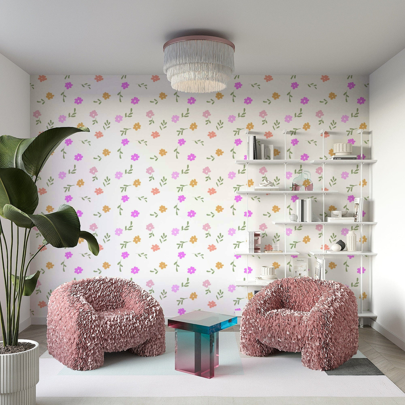 A beautiful charming floral wallpaper mural for a modern room.

