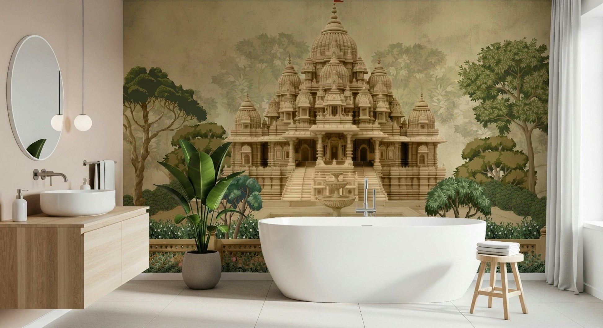Divine Devalaya wall mural in warm tones with classic Indian design cues