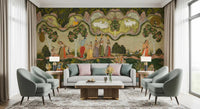 Decorative wall mural with divine figures and living room floral theme