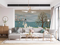 Blue Krishna with cows, for hallway with  Divine Serenity Garden Wall Mural