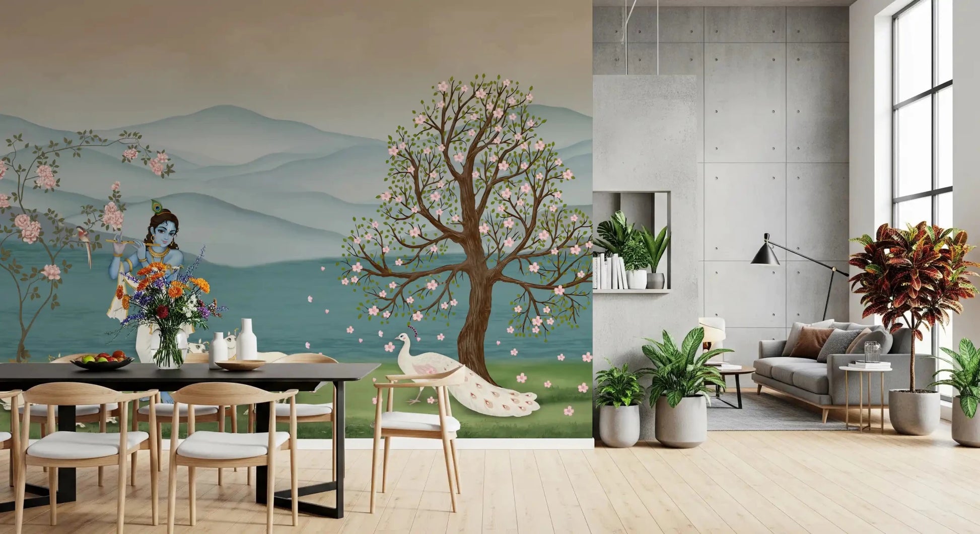 Stylish dining area White peacock floral tree Divine Serenity Garden Wall Mural