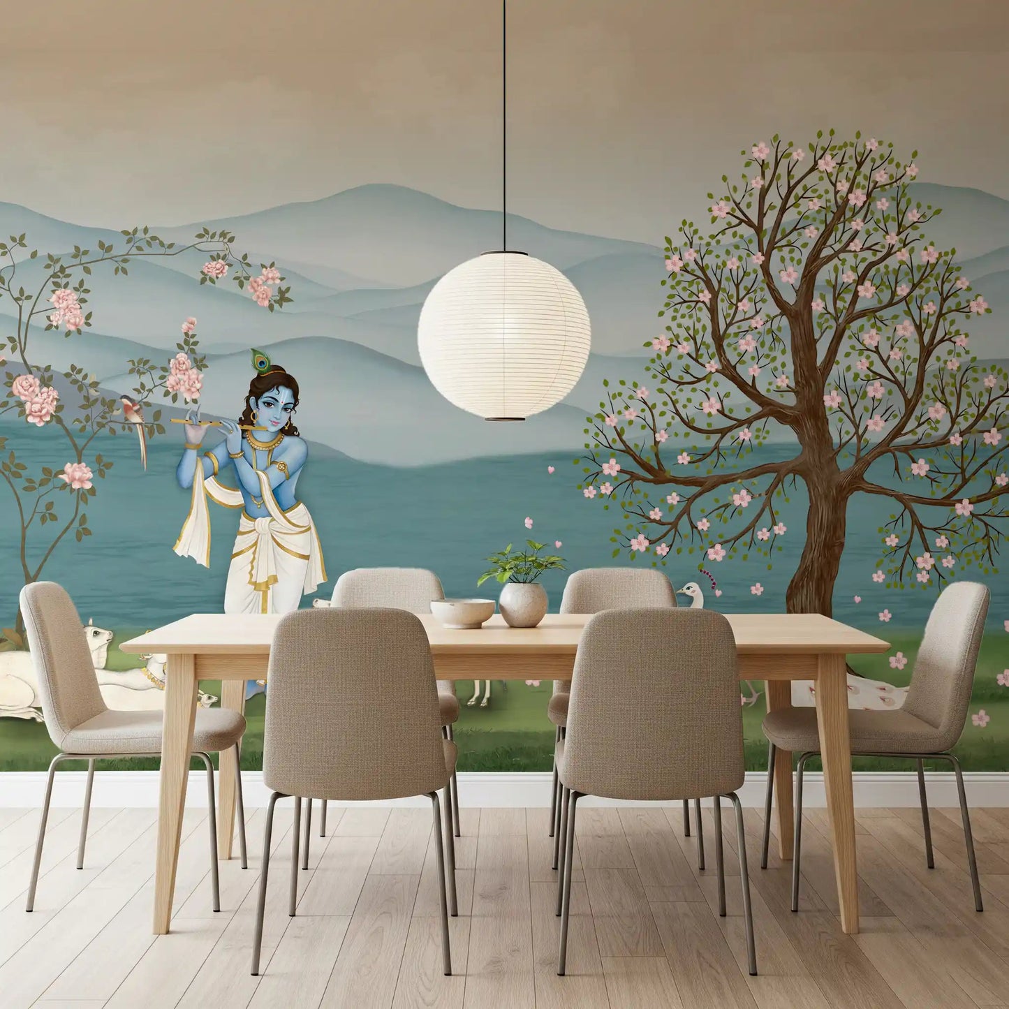 Blue deity flute player Divine Serenity Garden Wall Mural