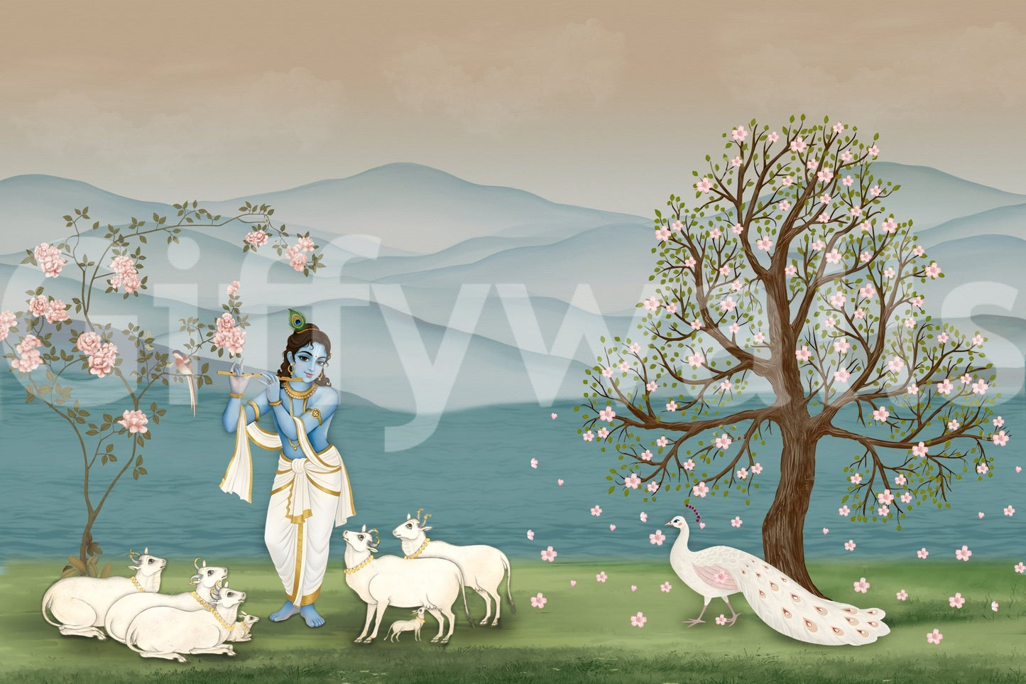 Peaceful Krishna garden Divine Serenity Garden Wall Mural