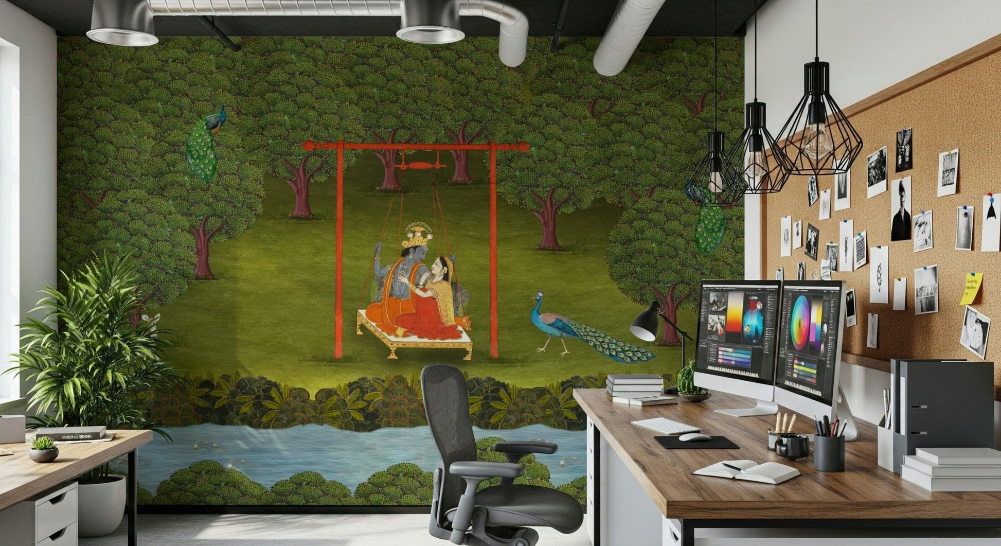 Minimalist wall decor showing a swing hanging from a willow tree in a sunlit studio.