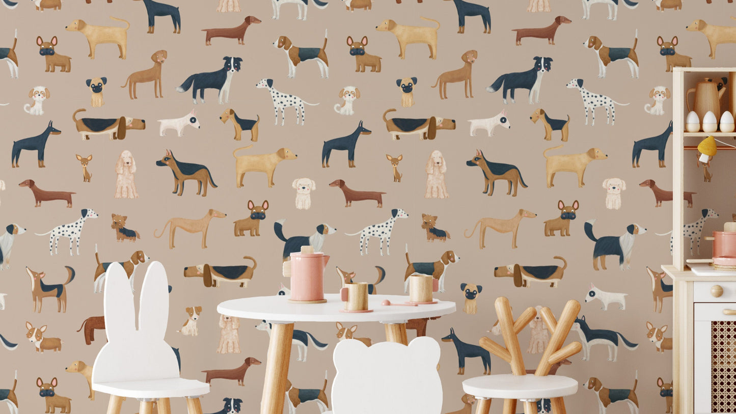 Brown dog print wallpaper for kids’ rooms
