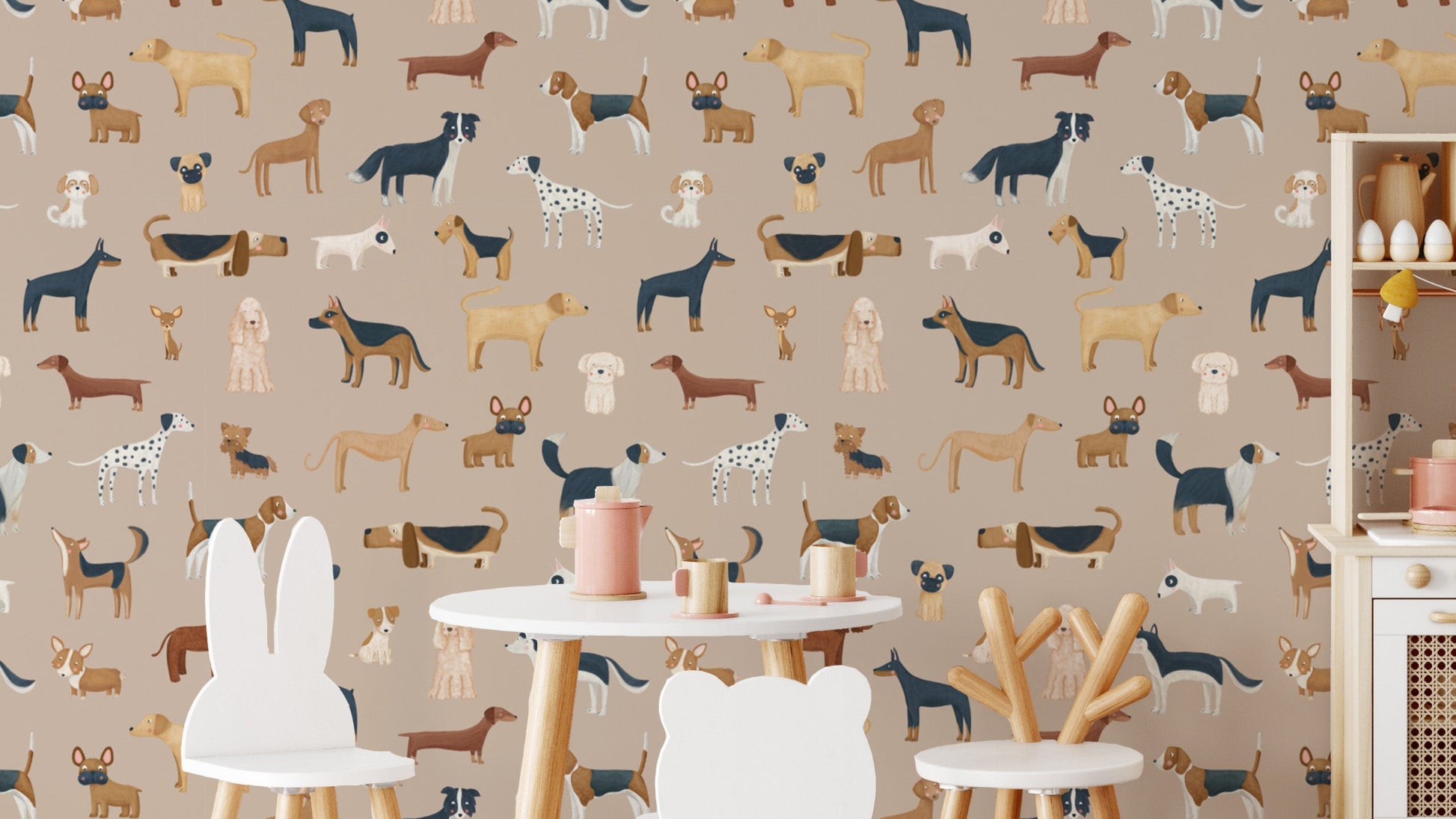Brown dog print wallpaper for kids’ rooms
