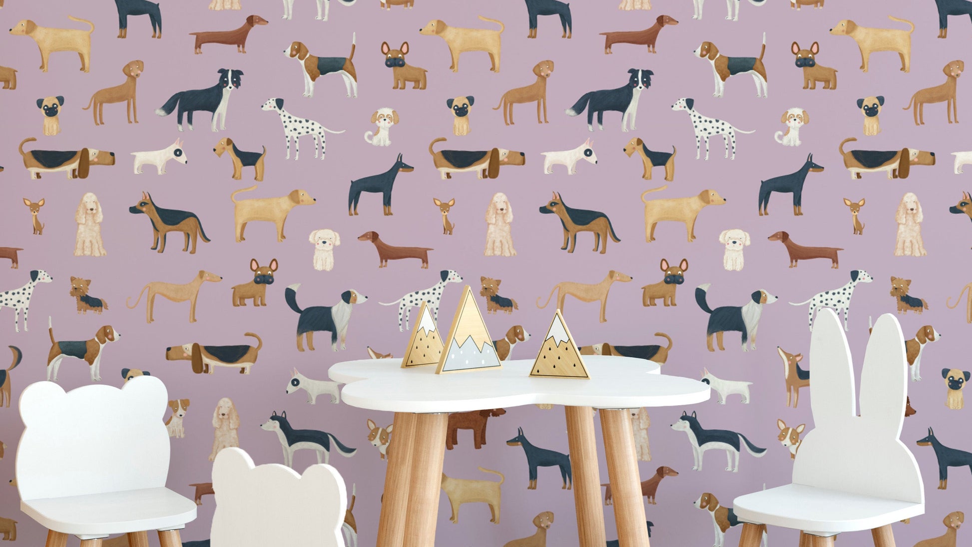 Lilac dog wallpaper for kids' room decor
