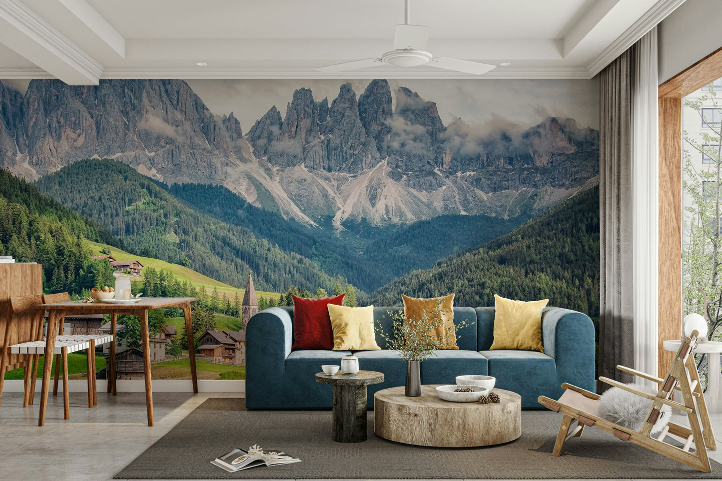 Panoramic wallpaper with Dolomites and rolling hills

