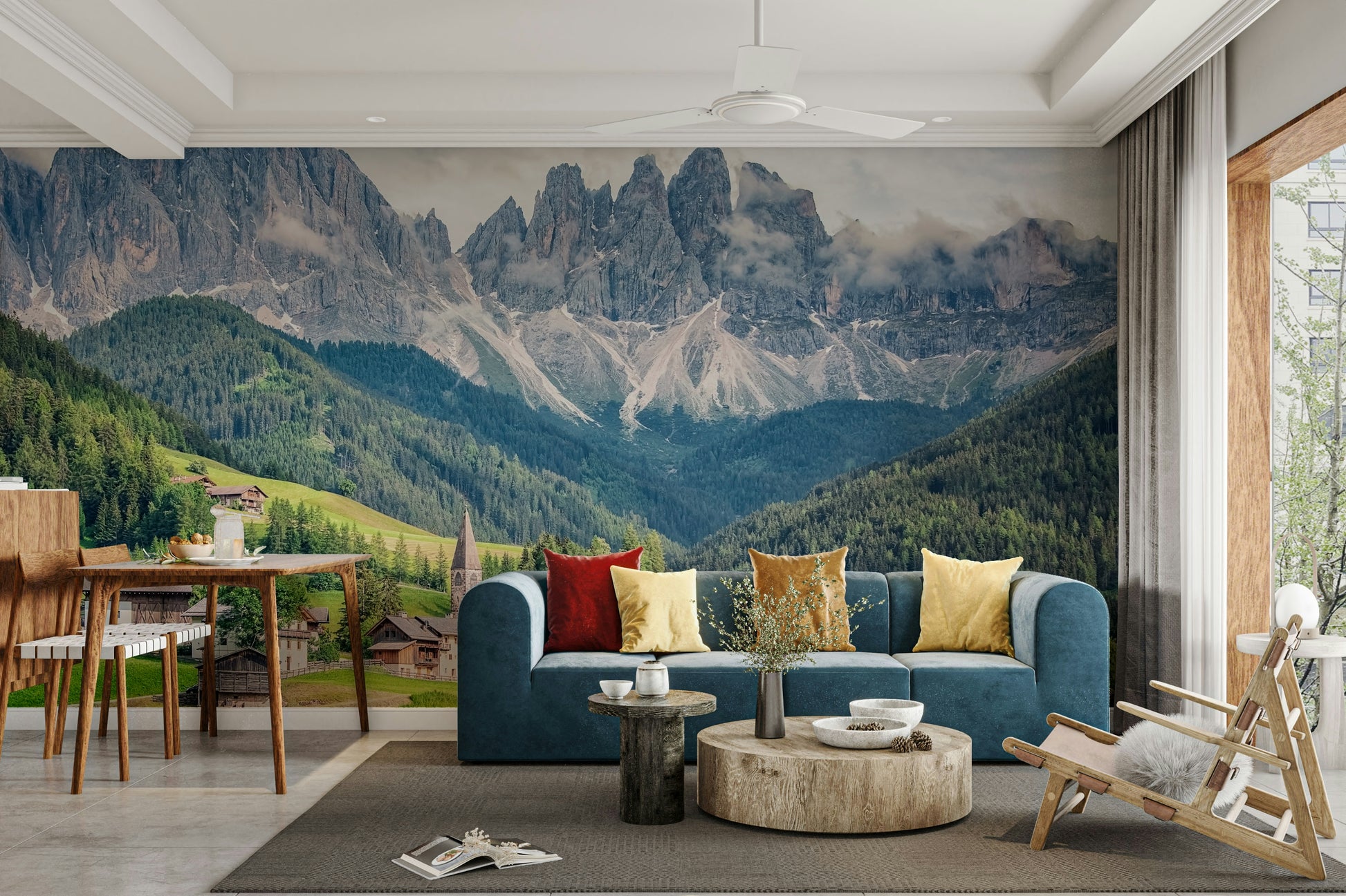 Panoramic wallpaper with Dolomites and rolling hills


