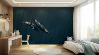 Deep Blue Journey wallpaper mural of two dolphins in deep blue sea behind a wood desk and white bed in a child's bedroom