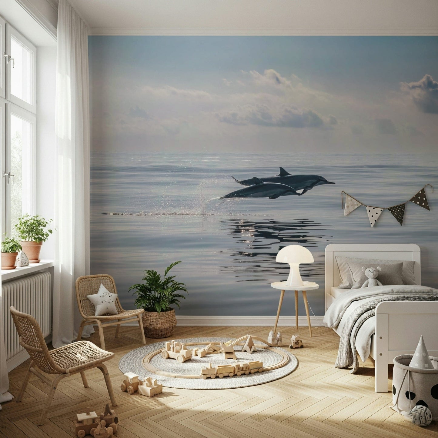 Dolphin’s Leap Wall Mural in kids room, playful ocean scene, bright coastal wall decor