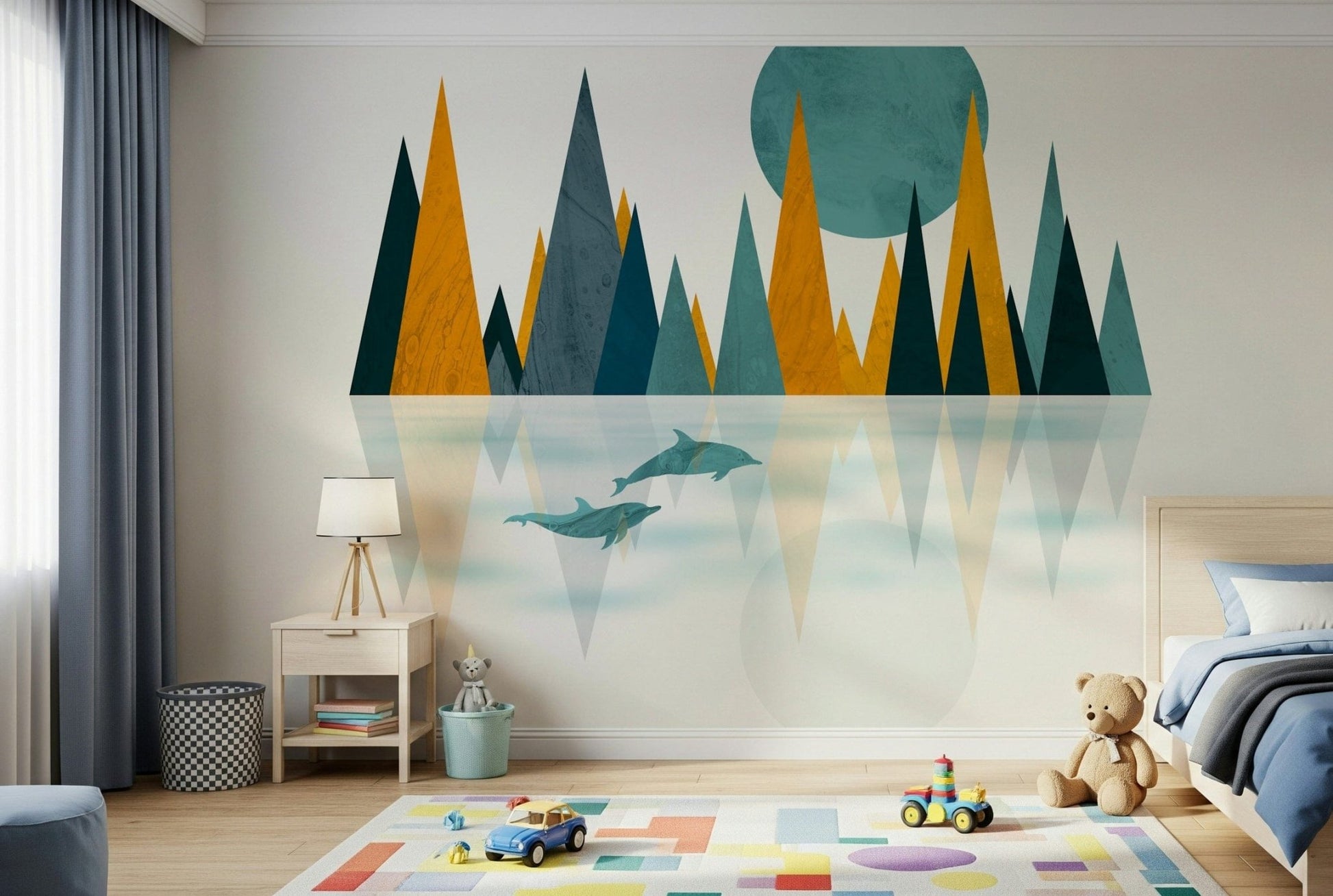 Aqua gold geometric Dolphins Sunset wallpaper
