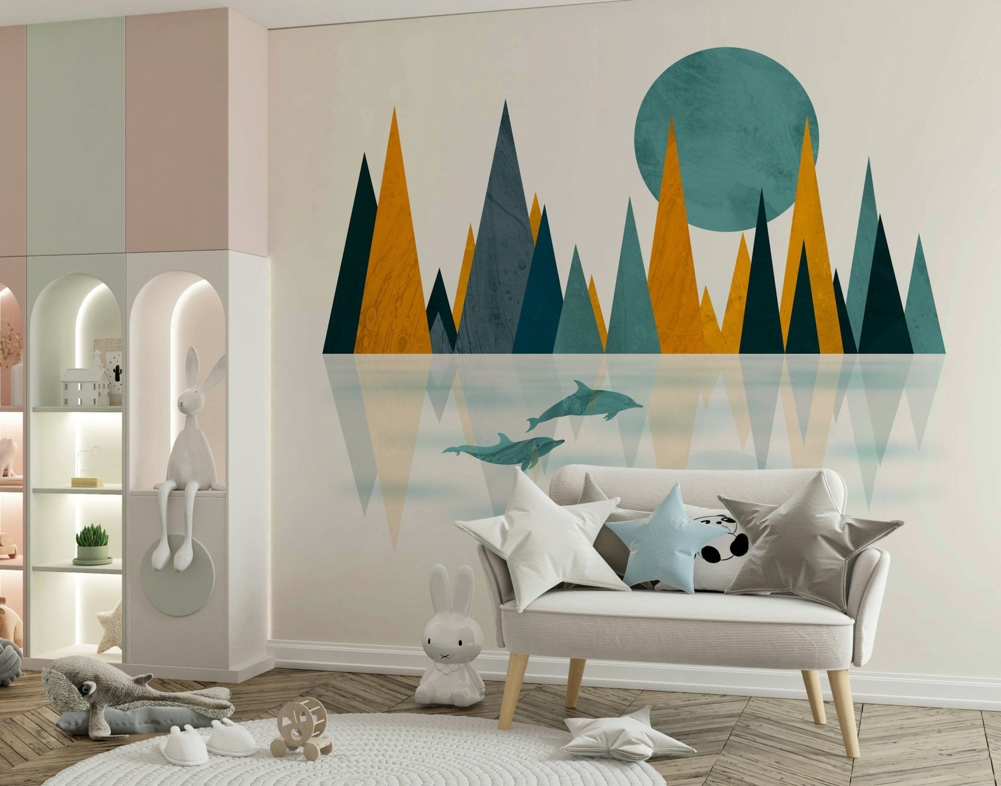 Artistic sun geometric Dolphins Sunset wall art