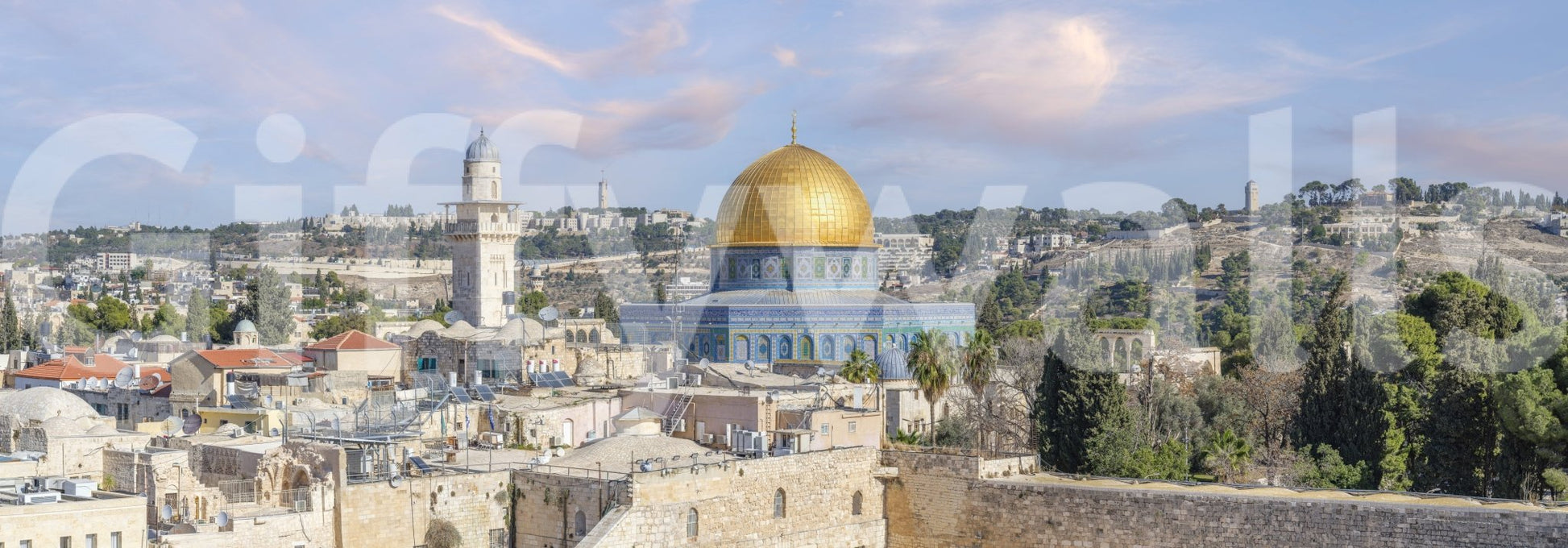Soft golden dome with Jerusalem city skyline

