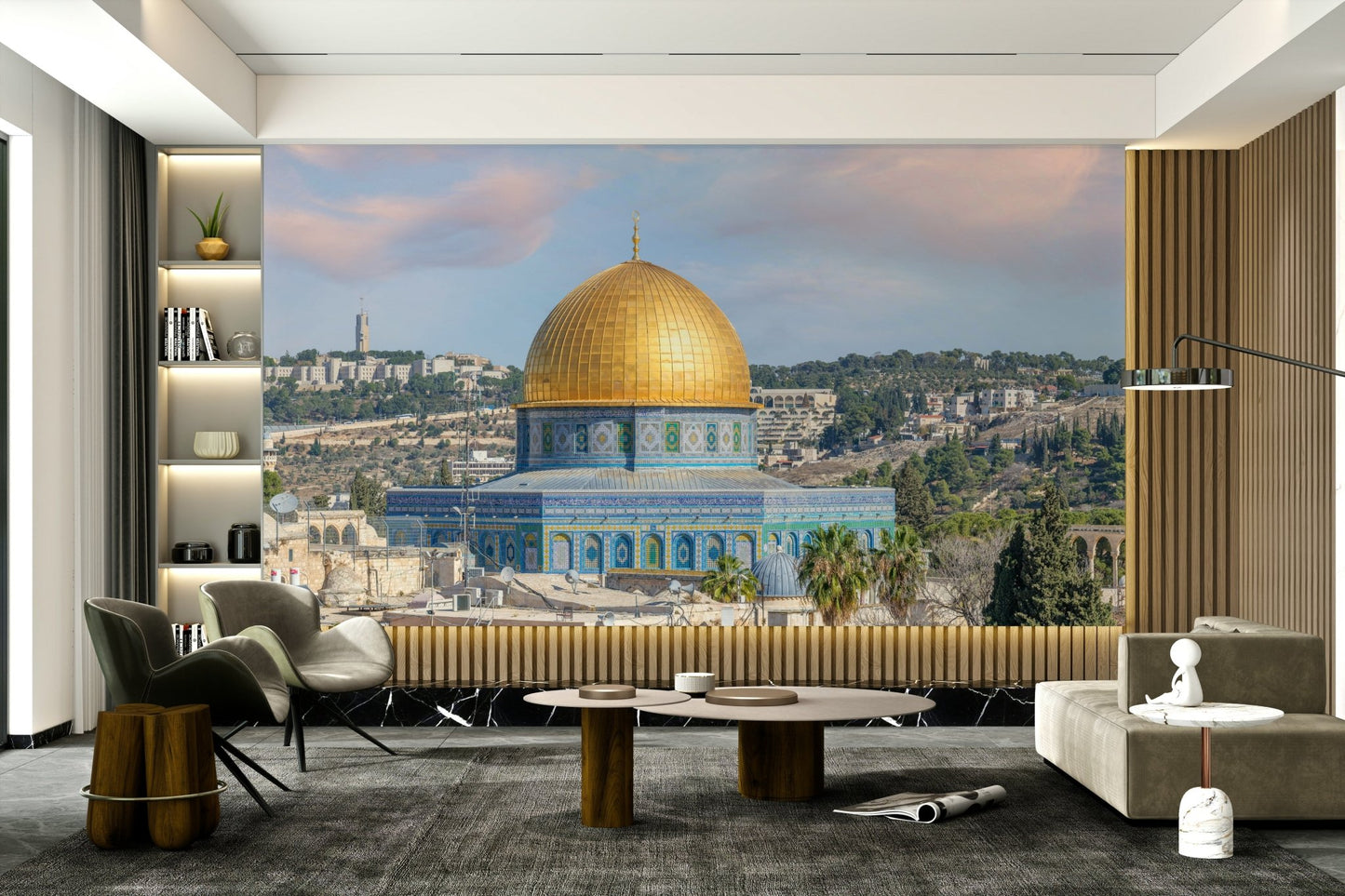 Calming mural of Jerusalem with golden dome

