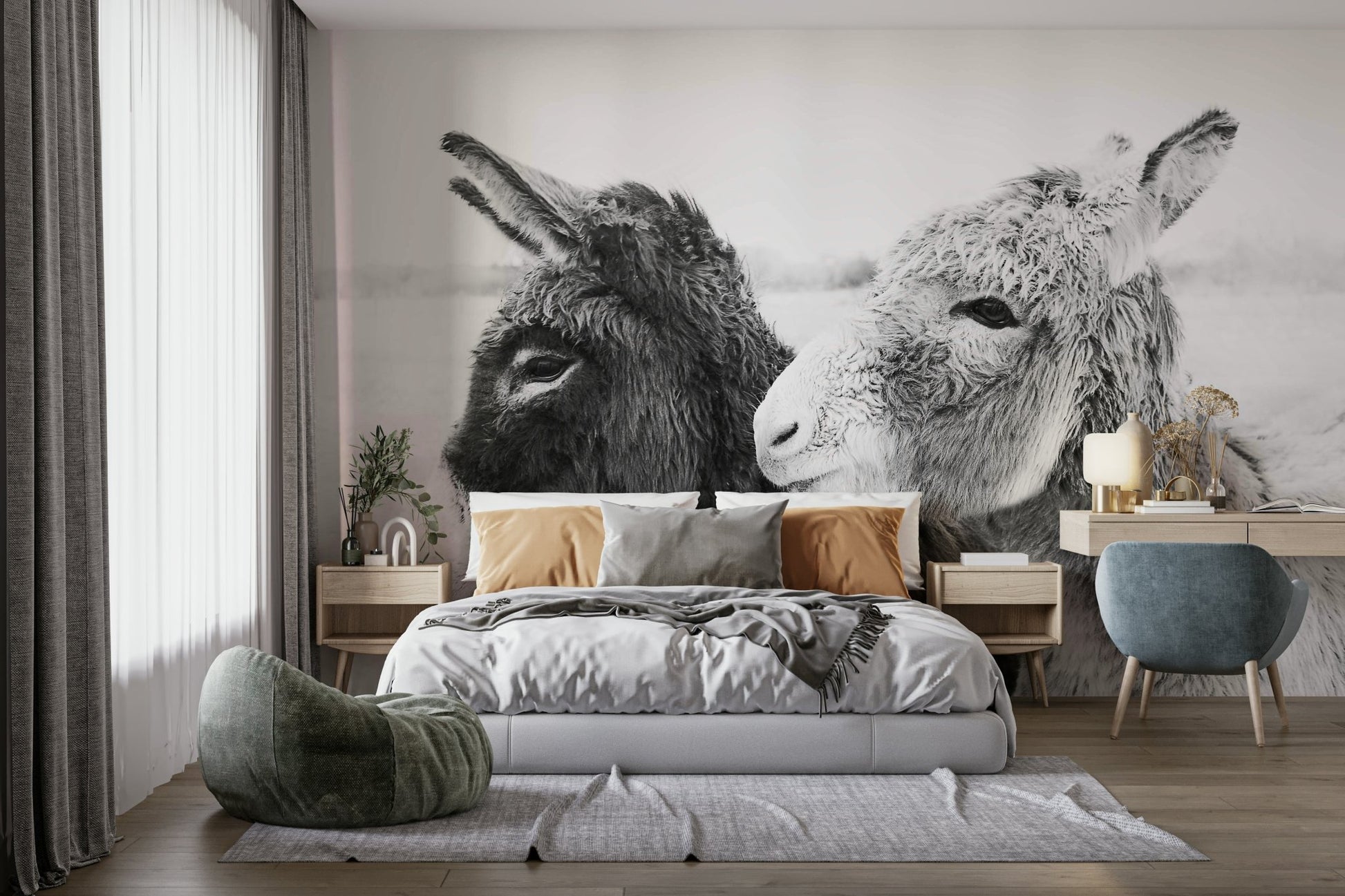 Donkey Love Wall Mural in a bright flat with oak flooring.