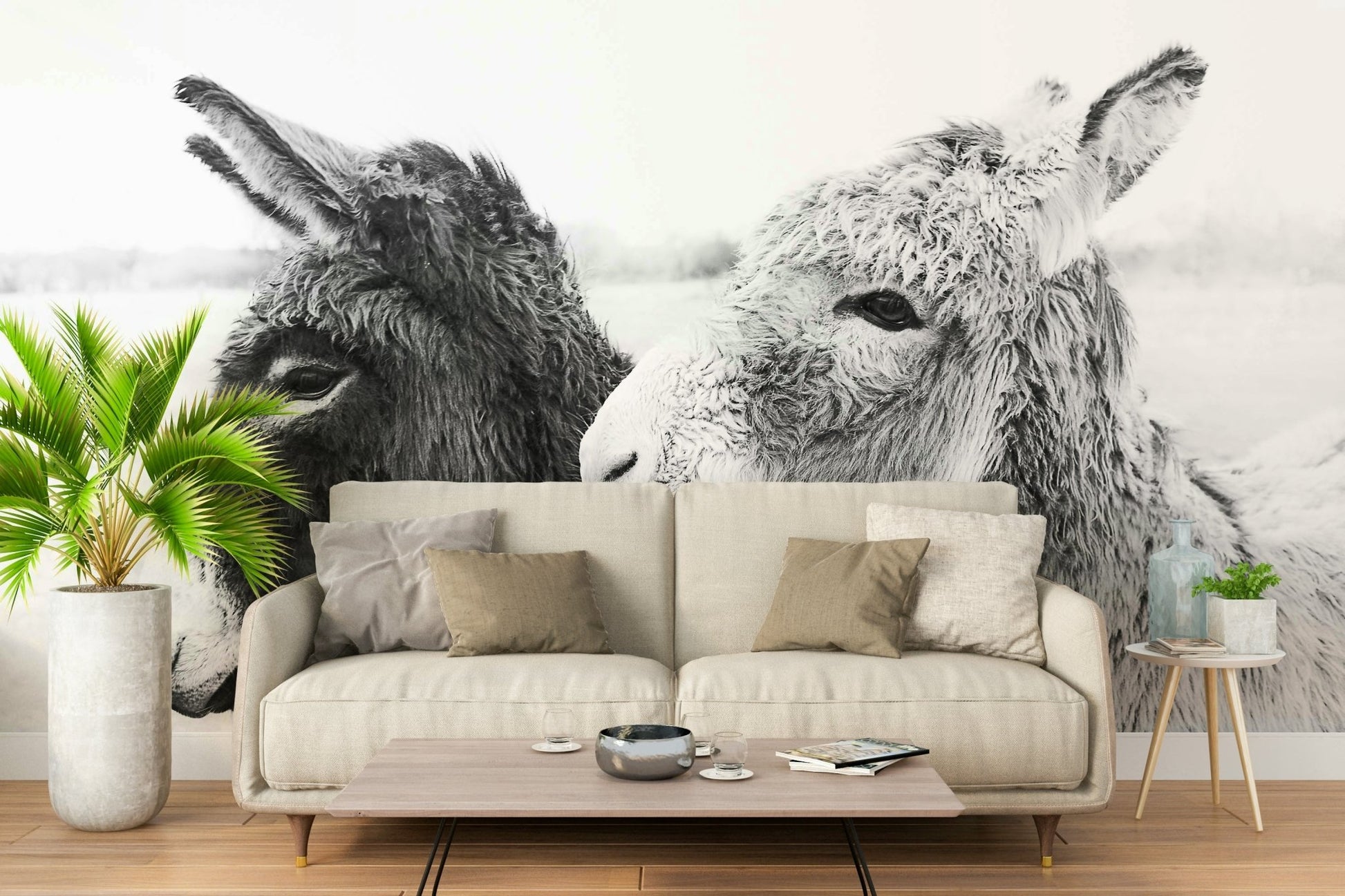 Nursery feature wall with illustrated donkey wall mural.